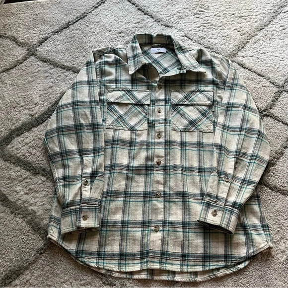 TNA Plaid Oversized Shirt button front flannel Fiona cream brown blue medium - Picture 9 of 13